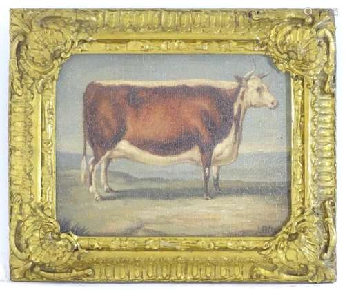 J Box, XX, Oil on canvas laid on board, A portrait of a prize bull in a landscape. Signed lower