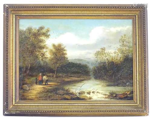 XIX, English School, Oil on canvas, A wooded landscape scene with three figures walking along a