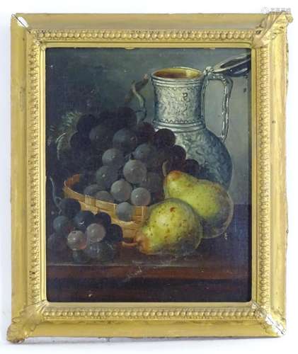 George Webber, XIX, Oil on board, A still life study of grapes, pears and a lidded jug on a table.