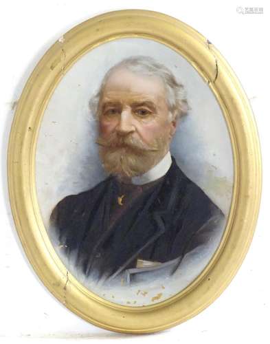 XIX, English School, Oil on board, An oval, A portrait of a man with a beard wearing a black jacket.