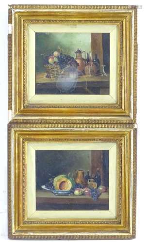 XX, Oil on board, A pair of still life studies with fruit, vegetables, gourds, bottles jugs and