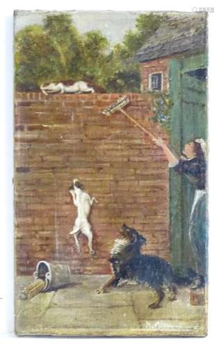 A. Ohern?, XIX, Oil on canvas, Two dogs chasing a cat up a garden wall and a woman shooing it away