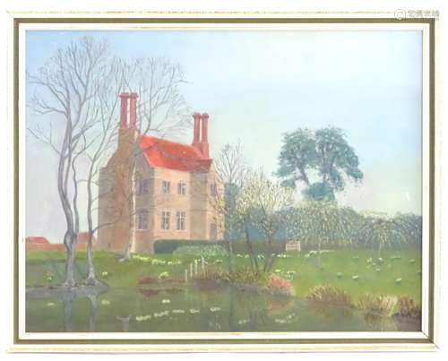 XX, English School, Oil on board, A naive / folk art depiction of a country house and garden with