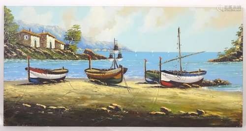 XX, Oil on canvas, A coastal scene in Mallora with boats on a beach. Approx. 32 1/4