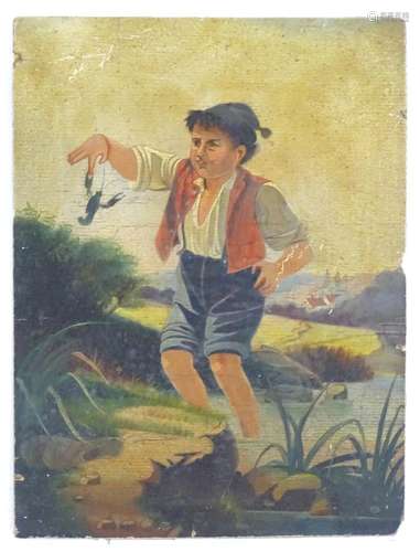 XIX, Naive School, Oil on artist's card, A coastal scene depicting a boy paddling / rock pooling