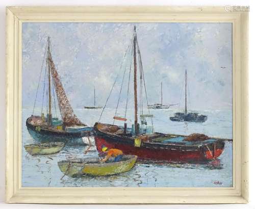 Marion Coker, XX, Marine School, Oil on board, Fishing boats moored at sea. Signed lower right.