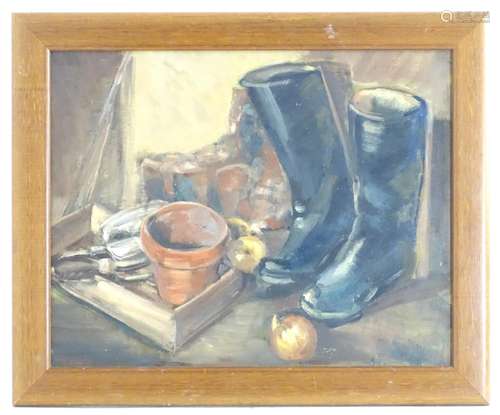 M. Sowden, XX, English School, Oil on board, A still life study with boots, onions, plant pots