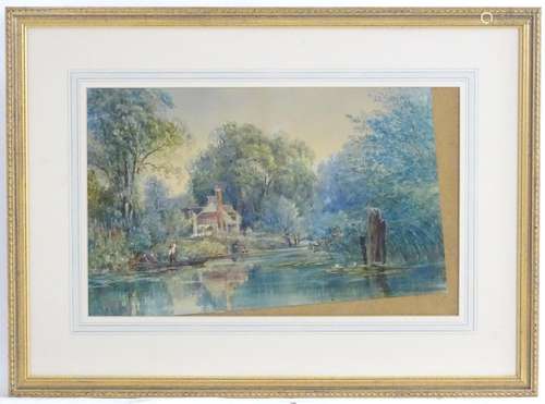 XIX, Watercolour, Figures in a punt by a river cottage. Signed. Approx. 11