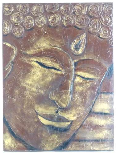 XX-XXI, Mixed media on canvas, Head of Buddha with relief detail. Approx. 31 1/2