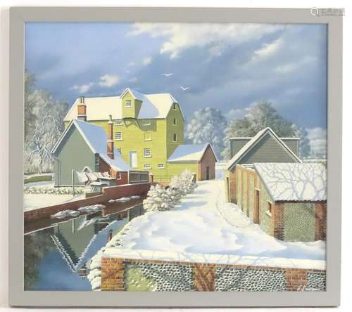 L. Burrows, XX, Oil on board, Quintons Mill, Needham Market, A winter landscape with a mill house