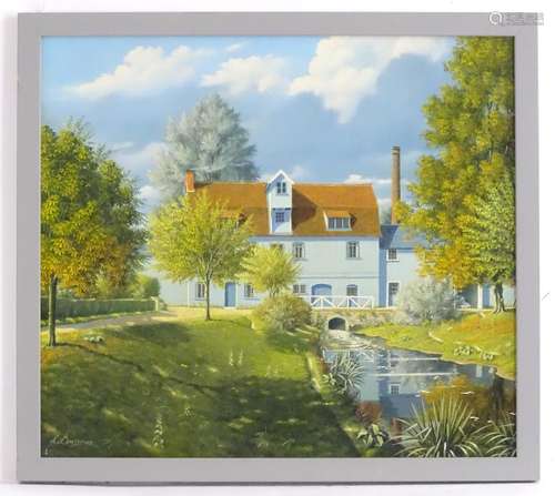 L. Burrows, XX, Oil on board, Mill Near Wixoe, A mill house and garden with a stream. Signed lower