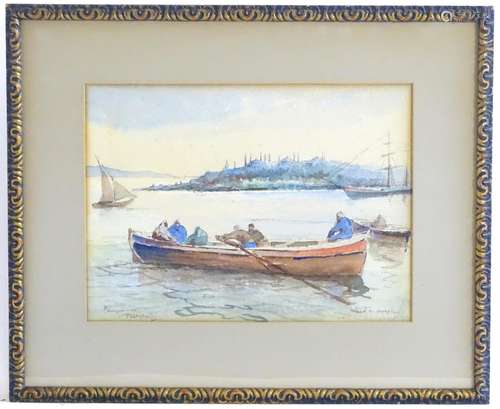 Early XX, Watercolour view of Seraglio Point, Istanbul, Turkey, with Turkish figures in a boat.