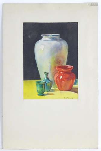 Rene Trevers, XIX-XX, Watercolour, A still life study with vases. Signed lower right. Approx. 11 3/