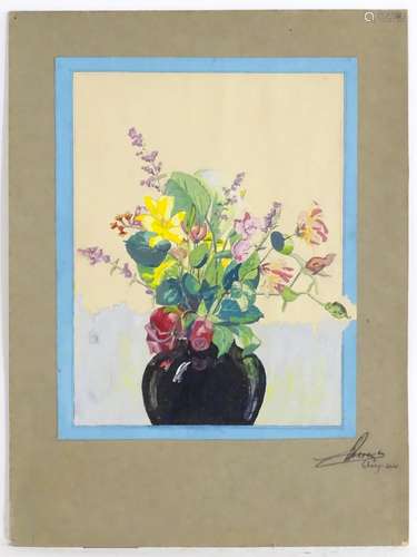 XX, Oil on paper, A still life study of flowers in a vase. Signed and dated (19)44 to mount. Approx.