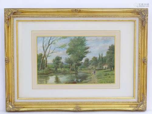 XX, English School, Watercolour, A countryside river landscape with figures walking along a path and