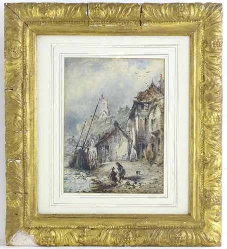 Manner of Samuel Prout, XIX, A coastal view with fisherman by the edge of buildings. Approx. 11 1/