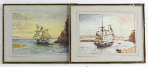 Anthony Gregson, XX, Watercolour and ink, x2, Sailing ships / galleons off the shore at sunrise /