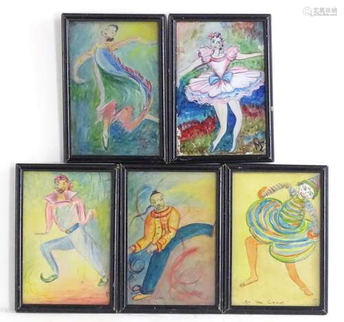 Monogrammed MD, XX, Five Watercolours, At The Circus, Folk Art depictions of circus performers, to