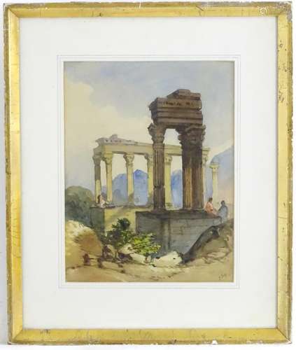 J. Joy, Watercolour, Figures by classical ruins in a landscape. Signed lower. Approx. 11 3/4