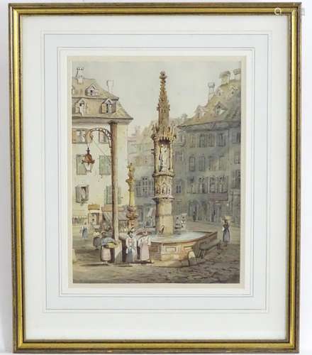 C. H. E., Follower of Samuel Prout (1783-1852), XIX, Watercolour, Fountain at Basel. Initialled