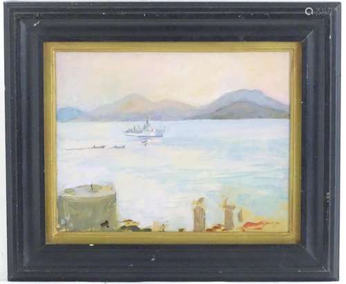 Manner of John Lavery, Oil on board, Scottish loch scene with shipping. Approx. 8