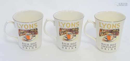 A trio of late 20thC advertising mugs by Wade for Lyons, promoting 'Lyons Rich Hot Chocolate Drink.'