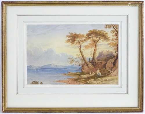 J. Varley, Watercolour, Welsh mountain scene with figures by a lake. Approx. 7