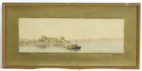 S. Scarvelli, Watercolour, Corfu Castle with a view of Albanian mountains and fisherman in the