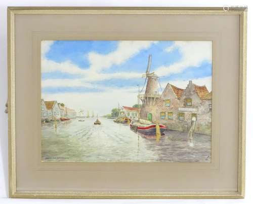 L. J. Lake, XX, Watercolour, Holland Waterways, A canal scene with boats and windmills. Signed lower