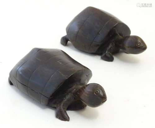 A matched pair of carved hardwood turtles with incised detail. Approx. 2 1/4