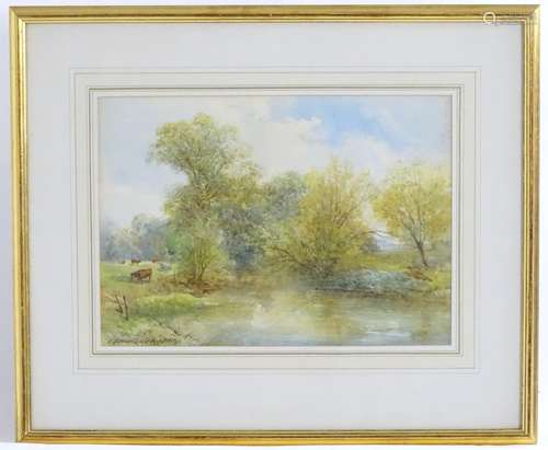 John Jessop Hardwick (1832-1917), Watercolour, A wooded river landscape with cattle grazing.