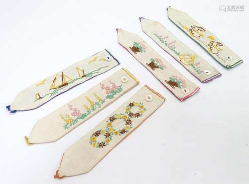 Kitchenalia : Six vintage linen napkin holders with embroidered detail and button fastening.