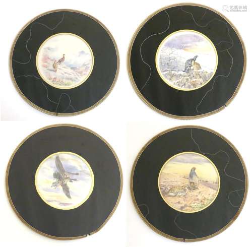 Four placemats each set with painted silk detail to centre depicting various game birds. Placemats