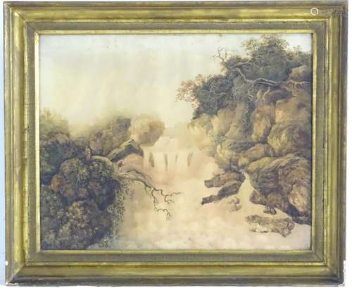 Manner of Francis Nicholson, Watercolour, Figures fishing by a waterfall, in a 19thC deep