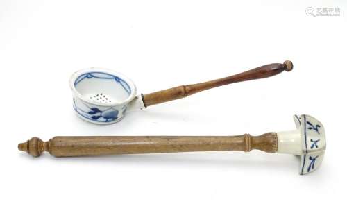 Kitchenalia : Two Continental cooking utensils with ceramic ends and turned wooden handles, the