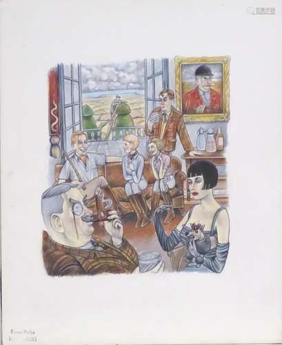 Kieren Phelps, XX, Pencils on paper, An interior scene at a country club, depicting figures talking,