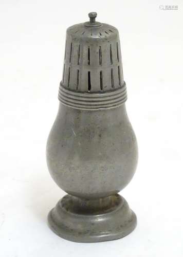 A 19thC pewter pepperette, stamped with rose & crown with initials 'A B' under, 5 1/4