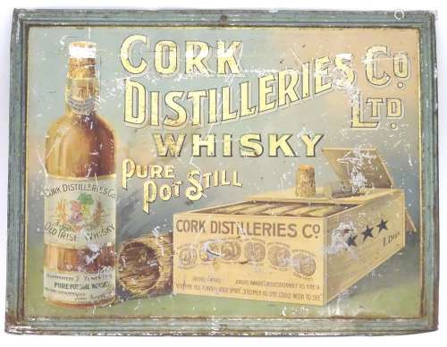 Advertising Brewiana : A polychrome pictorial tin adverting sing for ' Cork Distilleries Co. Ltd