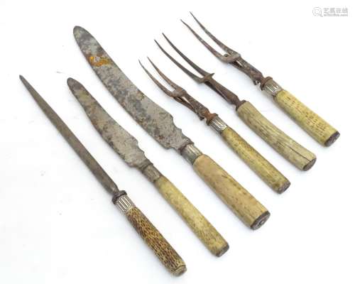 Six Victorian antler handled carving forks & knives, five having silver collars, hallmarked