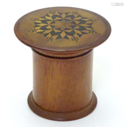 Kitchenalia : A 20thC treen nutmeg grater / container with parquetry style decoration to top