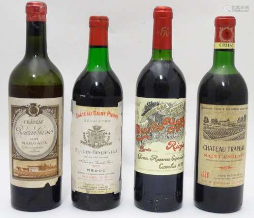 Four bottles of vintage red wine, comprising: Chateau Rauzan Gassies 1924 Margaux, Castillo Ygay