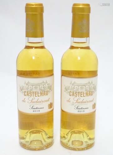 A pair of 375ml bottles of Castelnau de Suduiraut Sauternes 2013 white wine, each 9 1/2