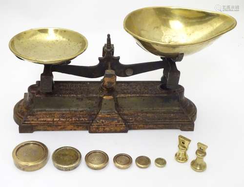 Shop balance scales by Parnall & Sons Ltd. with brass trays and associated weights. Please Note - we