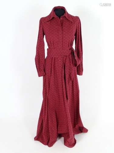 A vintage full length, prairie style Laura Ashley dress, c1970's, deep red with a black print