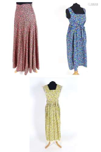 3 vintage Travers Tempos of London dress c1970's, a cotton pinafore dress with cream, yellow and