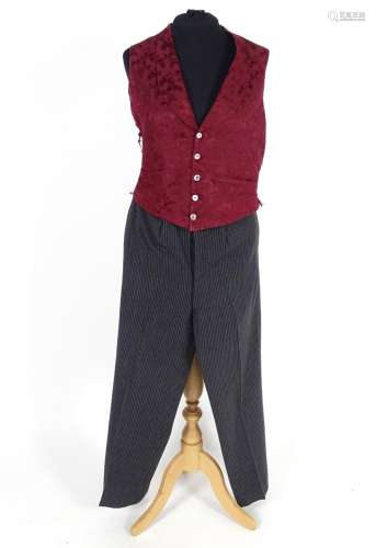 Vintage bespoke mens striped formal trousers with burgundy silk patterned waistcoat . Chest size 36