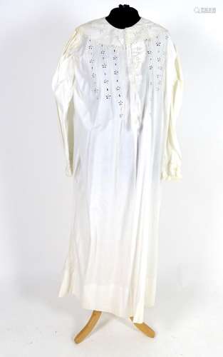 A vintage white cotton full length night gown with herringbone embroidery and broderie anglaise