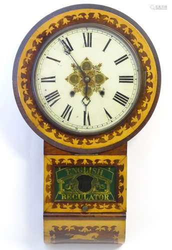 An American early 20thC 8-day drop dial wall clock, the case decorated with rosewood and boxwood