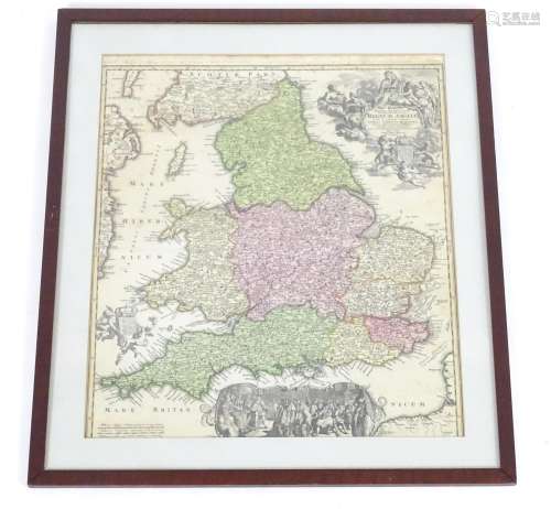 Map: An 18thC hand coloured engraved map of England and Wales by Johann Baptist Homann titled Magnae