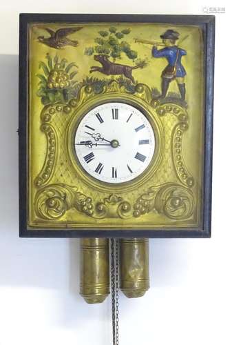 A 19thC Biedermeier clock , the diorama style case with scene depicting huntsman with dog and game